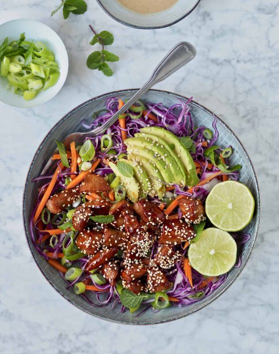 Asiatisk salat med sojamarinerede kylling og gomadressing